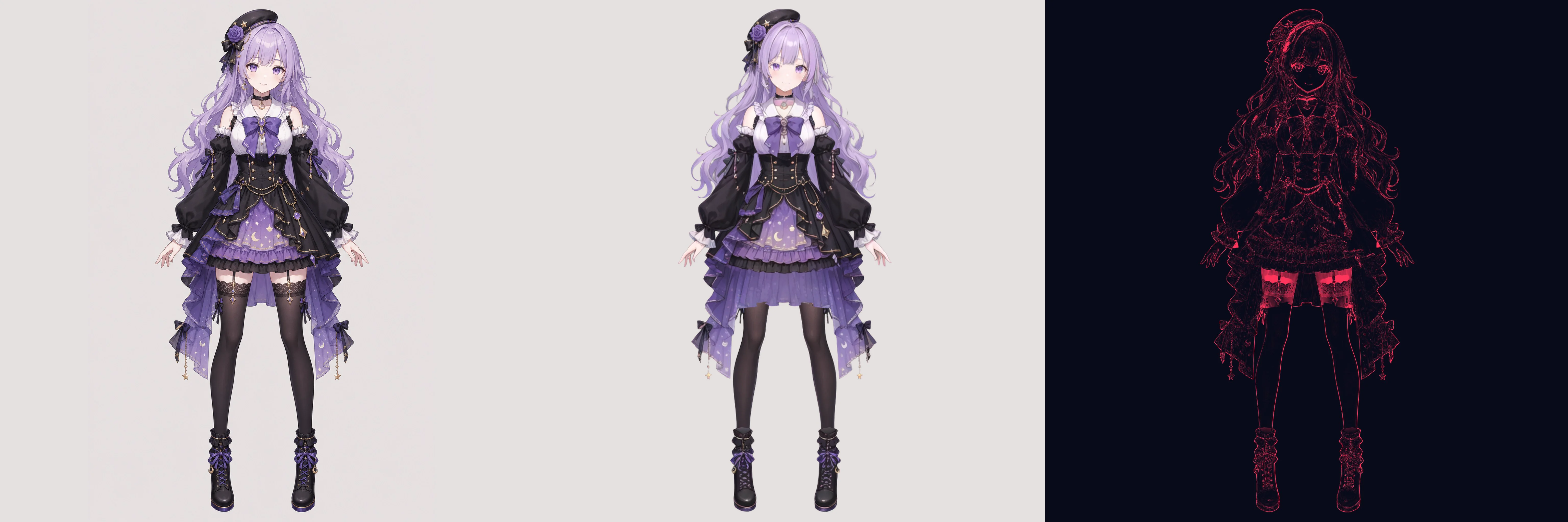 女性キャラクターの元画像、処理結果、輪郭解析を比較した画像
